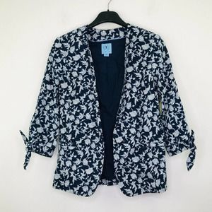 CeCe Women's XXS Blazer Blue Floral Linen Open Lightweight 3/4 Sleeve NWT AK16